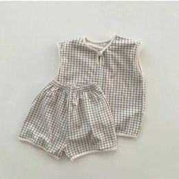 Clothing Sets Summer New Baby Sleeveless Plaid Clothes Set Cotton Boys Girls Vest + Shorts Pyjamas 2pcs Suit Children Casual Home H240423