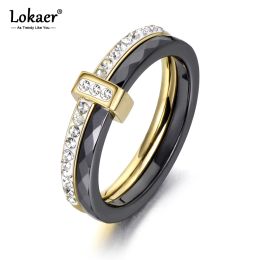 Bands Lokaer 2 Layers Black/White Ceramic Crystal Wedding Rings Jewelry Stainless Steel Rhinestone Engagement Ring For Women R18054