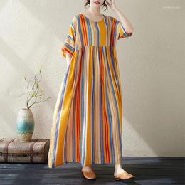 Party Dresses 2024 In Colourful Stripe Print Short Sleeve Loose Summer Dress Women Thin Cotton Outdoor Travel Beach Casual Oversize