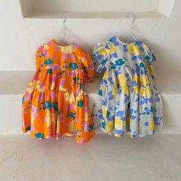 Girl's Dresses Summer new flowers print Girls dress cute cotton short sleeve princess dresses Kids clothes H240423