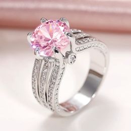 Bands Huitan Luxury Trendy Wedding Engagement Rings for Women Three Metal Colour Pink/White Cubic Zirconia Ring Wholesale Hot Jewellery