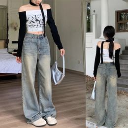 Autumn High Waist Slimming Wide Leg Pants Straight Pants Mopping Pants Women American Vintage Washed Distressed Trousers Jeans 240409