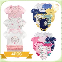 Shirts 4pcs Bodysuit for Newborn Baby Boys Girls Jumpsuit Cartoon Printed Short Sleeves Toddler Infants Baby Clothes 0 to 12 Months