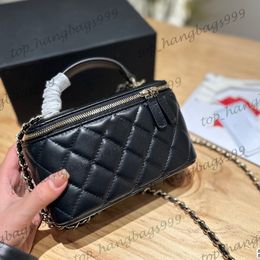 Latest Designer Lambskin Black Suitcase Makeup Vanity Bags Mirror Italy Brand Card Holder Lipsctick Cosmetic Quilted Top Hand Gold Chain Crossbody Purse 10cm 16cm