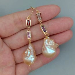 Earrings KKGEM natural 14x21mm Cultured Pink Nucleated Flameball Baroque Pearl Cz pave Chain Dangle Hook Earrings classic for women