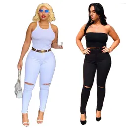 Women's Jeans 2024 Fall White And Black Ripped High Waist For Women Fashion Stretch Skinny Denim Pencil Pants Casual Female Trousers