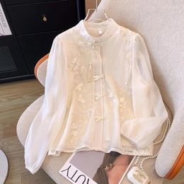 Women's Blouses Spring Summer Chinese Style Vintage Embroidery Frog Elegant Fashion Shirt Lady Long Sleeve Stand Collar Tassel White Blouse
