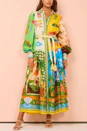 Printed Cardigan Lace-up Features Graffiti Large Hem Long Sleeve Dress for Women Summer Vacation Hawaiian beach Casual Robe 240421