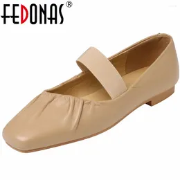 Casual Shoes FEDONAS Square Toe Concise Women Pumps Low Heels Spring Summer Genuine Leather Pleated Working Comfortable Woman