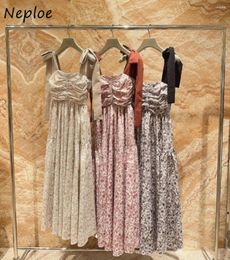 Casual Dresses Neploe Elegant Slash Neck Off Shoulder Print Dress Lace Up Sweet Bow Sling Tube Robe Japan Drawstring Ruched Moda Vestidos