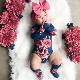 One-Pieces Newborn Baby Long Sleeve Romper Large Floral Jumpsuit Girl Warm Leg Socks Outfit 024M