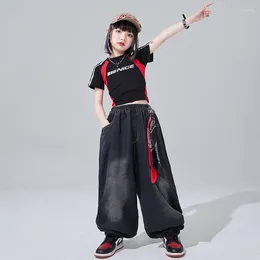 Stage Wear 2024 Kids Clothing Jazz Modern Dance Performance Clothes For Girls Black Crop Tops Loose Pants Suit Hip Hop DQS16137