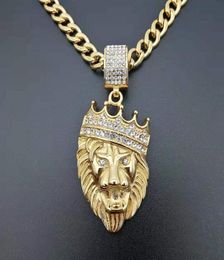 Hip Hop Rhinestones Paved Bling Iced Out Stainless Steel Crown Lion Pendant Necklaces for Men Rapper Jewelry Drop 6803913
