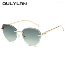 Sunglasses Oulylan Fashion Polygon Trimming Women Rimless Sun Glasses Ladies Frameless Gradient Shades Grey Blue Eyewear