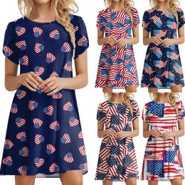 Casual Dresses Women Petal Sleeve Dress Independence Day Print Round Neck V Long Swing