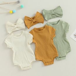 One-Pieces Newborn Baby Girl Clothes Solid Color Ribbed Knit Short Sleeve Romper Bodysuit Jumpsuit with Headband Summer Outfit