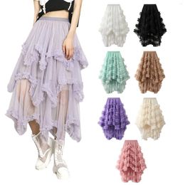 Skirts Sexy Women Layered Tulle Long Skirt Fashion High Waist Solid Colour Frill Trim Ruffle Midi Daily Wear Street Style