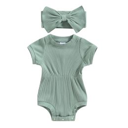 One-Pieces Baby Girl Romper Newborn Baby Girl Playsuits Solid Color Ribbed Short Sleeve Jumpsuit with Headband Baby Summer Clothing Outfits