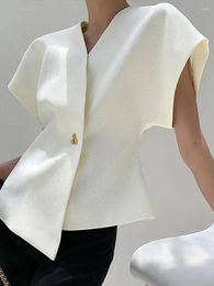 Women's Blouses Women White Shirt Asymmetrical Fashion Short Sleeve V-neck Single Button Female Shirts 2024 Spring Summer Elegant Lady