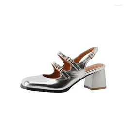 Dress Shoes Plus Size 41 42 43 Black Silver Chunky High Heels Mary Jane Women Square Toe Double Buckle Pumps Slingback Ladies Sandals