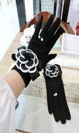 Five Fingers Gloves Black Camellia Cashmere And Korean Fashion Houndstooth Mink Hair Cute Flowers Warm Touch Screen Women4073363