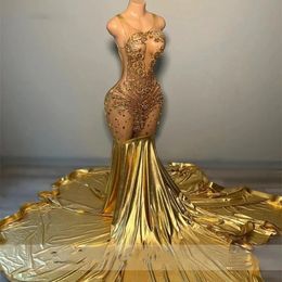 Glitter Gold Diamonds Long Prom Dress For Black Girl Beaded Crystal Rhinestones Birthday Paty Gowns Robe De Soiree