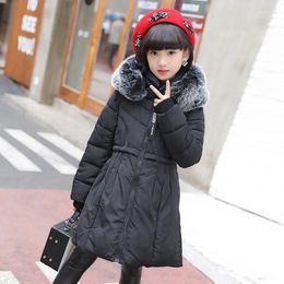 Down Coat Girls Padded Cotton Clothes 2024 Winter Childrenswear Big Boy Removable Hood Long Solid Colour Waist Warm