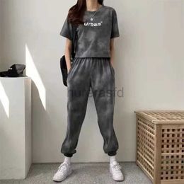 Active Sets Women Clothing Sets Short Sleeve T-shirt+Pant 2Pcs 2024 Summer Camouflage Tie-Dyed Loose Tees Tops Sports Casual Suit New 240424