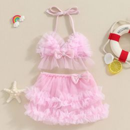 Swimwear Princess Mesh Bowknot Baby Girls Bikini Set Beachwear For Kids Swimwear Summer Swimsuits Tulle Camisole PP Shorts Bathing Suits