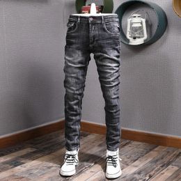 Italian Style Fashion Men Jeans Retro Black Grey Slim Fit Ripped Jean Stretch Trousers Vintage Designer Casual Denim Pants 240420