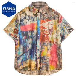 Men's Casual Shirts Men Vintage Hip Hop Oversized Short Sleeve Button Up Blouse Graffitti Printed Plaid Unisex Y2K Tops