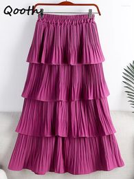 Skirts Qooth Women Fairy 4 Layered Ruffles A-line Skirt Casual Solid Colour High-waisted Pleated Cake For Spring Summer QT1683