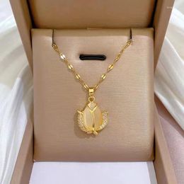 Pendant Necklaces Fashion Tulip Opal Necklace For Women Titanium Steel Shiny Crystal Zircon Flower Collarbone Chain Choker Luxury Jewelry