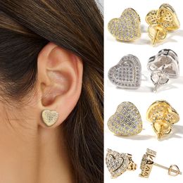 14k Real Gold Hip Hop Cz Zircon Heart Stud Earring for Men and Women Bling Cubic Zirconia Iced Out Diamond Screw Back Earrings Studs Rapper Ear Piercing Jewellery Gifts