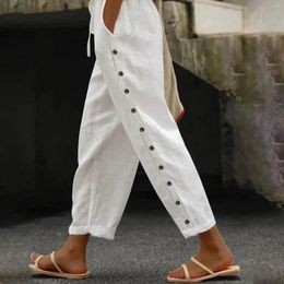 Women's Pants 2024 Summer White Long Side Button Solid Color Elastic Waist Loose Versatile Ankle Length Casual Female