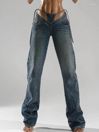 Women's Jeans Rockmore V-Design Lace-Up Vintage For Women Y2k Aesthetic Low Rise Pants Fashion Streetwear Denim Trousers Femme 90s Retro