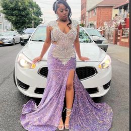 Glitter Purple Sequins Prom Dress For Black Girls 2024 High Slit Silver Crystal Beaded Party Gown Robe De Soiree