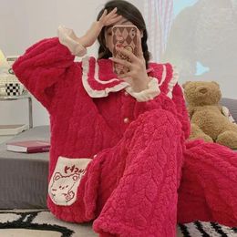 Women's Sleepwear Coral Velvet Pyjama Women Autumn Winter Plush Thicken Long Sleeve Loungewear Flannel Home Clothing Insulation Cute Set