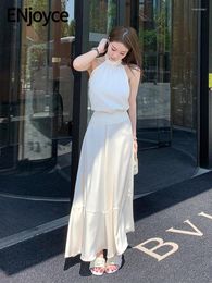 Work Dresses ENjoyce Women Vintage Hanging Neck Vest Tops And Long Skirts Korean Style Celebrity Two-piece Set High Fairy Outfits Summer