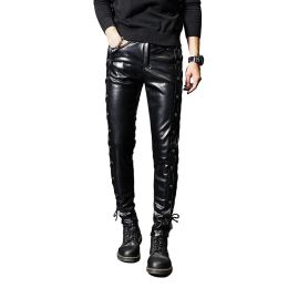 Pants Idopy Fashion Men's Night Club DJ Pants Skinny Patchwork Sexy PU Leather Side Lace Punk Style Black Trousers For Male
