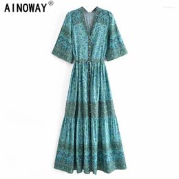 Party Dresses Vintage Chic Women Floral Print Bat Sleeve Beach Bohemian Happie Ladies Button V Neck Tassel Summer Boho Maxi Dress