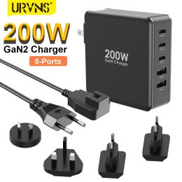 Chargers URVNS 200W GaN2 USB Type C Charger QC4.0 PD3.0 100W Fast Charging Station for Xiaomi iPhone 13 12 Huawei Redmi Laptop Phones