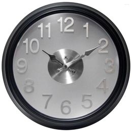 Wall Clocks 15" Modern Black Clock Silver Numbers Translucent Dial Quartz Movement Indoor Round Case Glass Lens Numerals