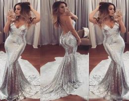 Shining Silver Sequined Prom Dresses Sexy Backless Mermaid Evening Gowns 2019 Sweep Train Women Cocktail Party Dress Cheap7124173
