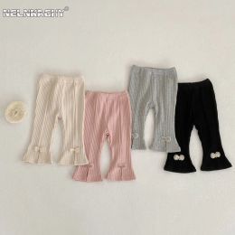 Pants 2023 New In Kids Baby Girls Solid Colour High Waist Elastic Force Flare Pants Bow Tie Children Casual Outwear Clothing