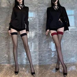 Women Socks Stockings Thigh High Red Edge Transparent Sexy Black Silk Sockings Appear Slim Ultra-thin Leg For