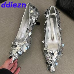 Casual Shoes 2024 Pointed Toe Female Slip On Footwear Shallow Ladies Low Heels Fashion Bling Pumps Slides Elegant Women Heeled