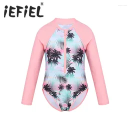 Clothing Sets Fashion Little Kids Girls One-piece Long Sleeves Palm Printed Zippered Swimsuit Swimwear Bathing Suit Rash Guard Outfits Set