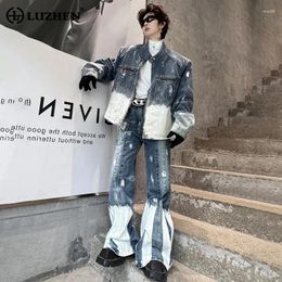 Men's Tracksuits LUZHEN 2024 Spring Stand Collar Colour Contrast Design Loose Denim Jacket Bell-bottoms Jeans Street Two-piece Sets LZ2961