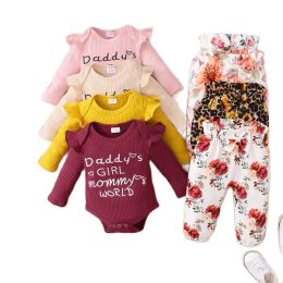 Sets Newborn Baby Girl 3PCS Clothing Set Daddy's Girl Mommy's World Long Sleeve Romper + Flowers Pant with Headband Cotton Outfit